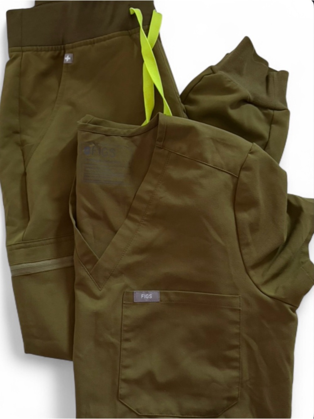 Figs Olive Scrub Top and Pants with Neon Drawcord